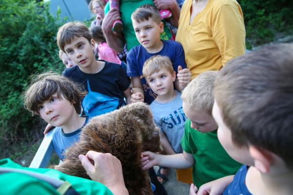 Silvia Wilde lässt die Kinder ein echtes Biberfell betasten! Rund 22.000 Haare hat ein Biber auf einer Fläche eines Fingernagels.