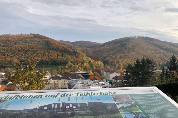 Schild mit Aufschrift "Aufblühen auf der Feihlerhöhe" im Vordergrund dahinter die Aussicht auf Purkersdorf und den Wienerwald