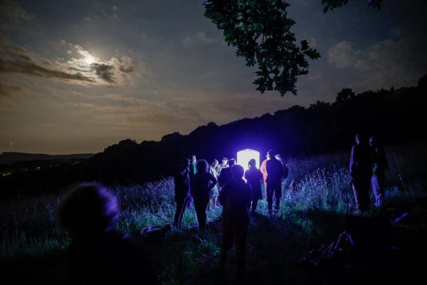 Leuchtturm (mit künstlichen Licht erzeugter Lichtpunkt) auf einer Waldlichtung