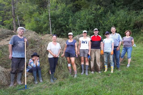 Beim Pflegetermin auf der Zichtelwiese in Breitenfurt wurden Büsche geschnitten und Binsen von der Fläche getragen. So bleibt diese Feuchtwiese und Naturjuwel als Lebensraum erhalten.