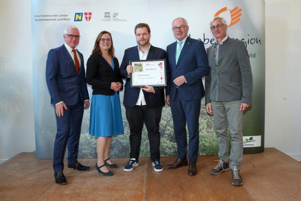Biosphärenpark-Direktor DI Andreas Weiß, Wiener Landtagsabgeordnete Mag.a Andrea Mautz, NÖ LH-Stv. Dr. Stephan Pernkopf und Obmann der Bezirksbauernkammer Mödling Hannes Schabauer