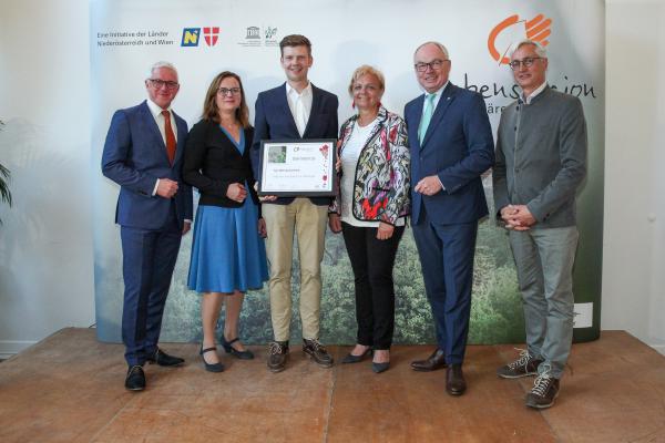 Biosphärenpark-Direktor DI Andreas Weiß, Wiener Landtagsabgeordnete Mag.a Andrea Mautz, Karl Wölflinger, Bgm. Andrea Kö, NÖ LH-Stv. Dr. Stephan Pernkopf,Obmann der Bezirksbauernkammer Mödling Hannes Schabauer