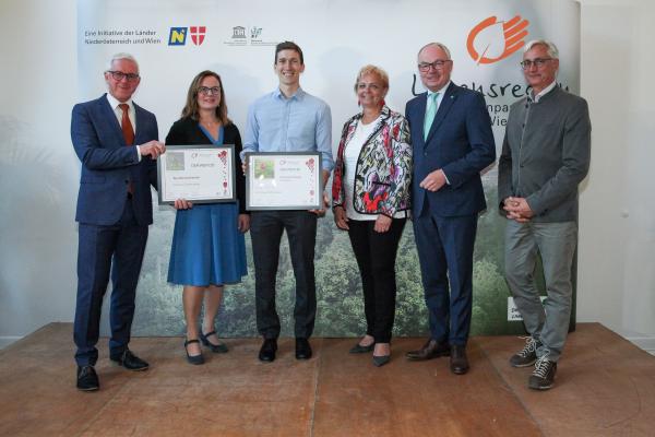 Biosphärenpark-Direktor DI Andreas Weiß, Wiener Landtagsabgeordnete Mag.a Andrea Mautz, Zechmeister, Bgm. Andrea Kö, NÖ LH-Stv. Dr. Stephan Pernkopf, Obmann der Bezirksbauernkammer Mödling Hannes Schabauer