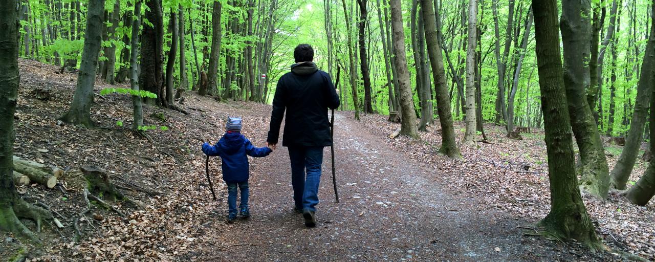 Vater mit Kind unterwegs im Wald