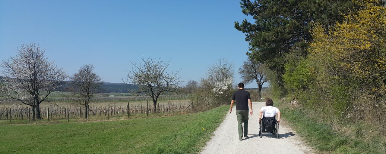 Rollstuhlfahrerin und Wanderer gemeinsam unterwegs