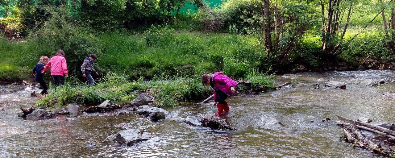 Kinder erforschen den Bach