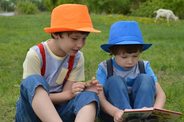 Kinder beim Lesen auf der Wiese