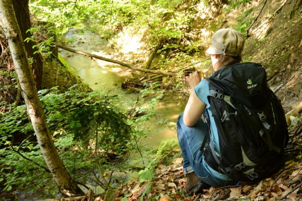 junge Frau von hinten sitzend vor einem Bach im Wald