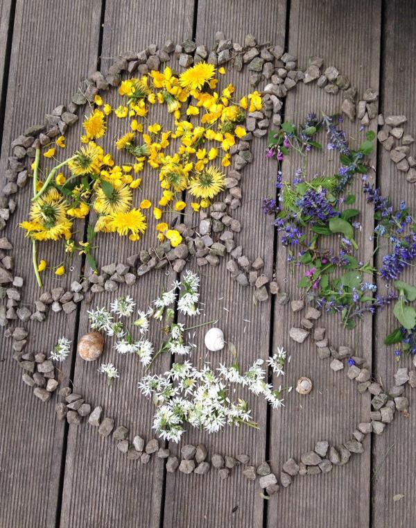 Mandala aus Blüten, Steinen, Schneckenhäusern