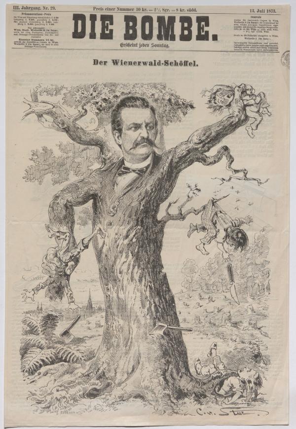 Joseph Schöffel als Baum, der Moritz Hirschl und Deimel vom Schlägern abhält, in: Die Bombe, Titelseite