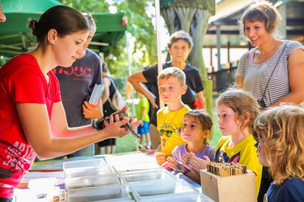 interessierte Erwachsene und Kinder schauen sich am Infostand eine Schlangean