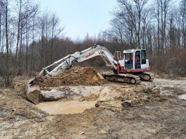 Errichtung von Tümpelanlagen aus Gruben, die durch Versetzung der Masten entstanden sind, mittels Bagger in der Gemeinde Heiligenkreuz.