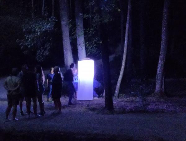 Menschen in der Nacht im Wald, Lichtkegel