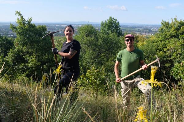 2 Menschen auf Wiese mit Spitzhacken