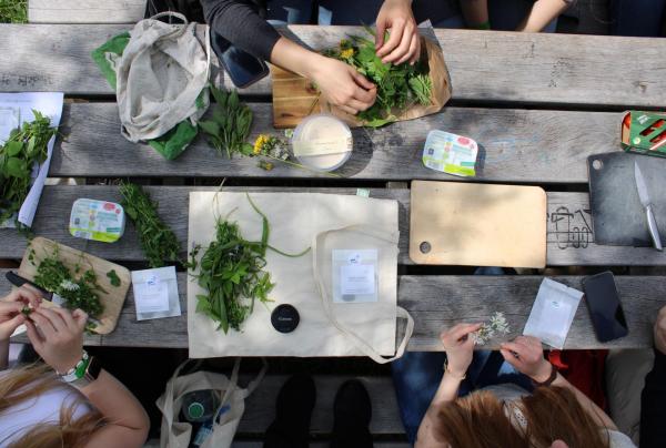 Tisch mit Zutaten für Kräuteraufstrich