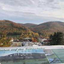 Schild mit Aufschrift "Aufblühen auf der Feilerhöhe" mit Aussicht auf Purkersdorf und den Wienerwald