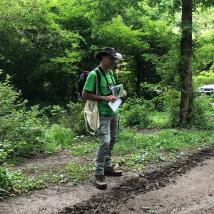 Mann mit Bildmaterial im Wald