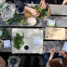 Tisch mit Zutaten für Kräuteraufstrich